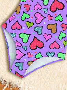 全新时尚女童彩色心形连体泳衣 - 紫色 - 查看 5