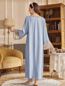 PalaceNights Vintage Palace Style Round Neck Half-Placket Elaborate Floral Decor & Beaded Lace Trim Women Nightgown - Blue - View 3