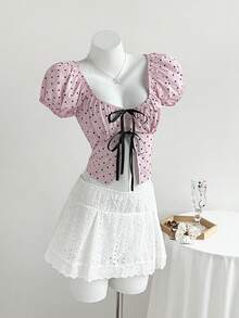 Elamini 可爱波点蝴蝶结泡泡袖U领短袖女式衬衫 - 粉色 - 查看 5