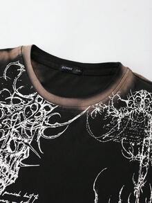 ROMWE MEN Goth Men's Handpainted Slogan Print Loose Fit Round Neck T-Shirt Spring/Summer - Black - View 2