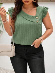 SHEIN Frenchy 大码女式纯色不对称领短袖纽扣设计休闲衬衫 - 綠色 - 查看 4