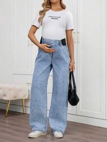 SHEIN 孕妇纯色休闲牛仔裤，春夏情人节嘉年华服装通勤度假毕业时尚Y2K可爱街头风性感派对婚礼优雅商务休闲女装蓝色阔腿牛仔裤，松紧腰牛仔裤，日常穿着 - 藍色 - 查看 6