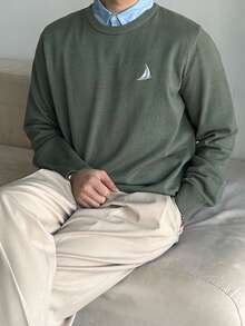 DAZY 男士修身通勤毛衣，绣花图案，春秋季 - 軍綠色 - 查看 4