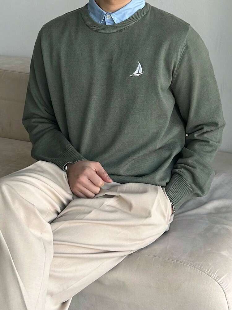 Men's Slim Fit Commuter Sweater With Embroidered Pattern, Spring/Autumn