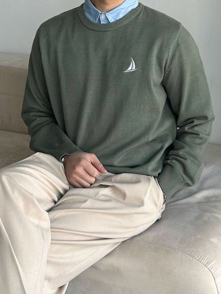 DAZY Men's Slim Fit Commuter Sweater With Embroidered Pattern, Spring/Autumn - Army Green - View 1