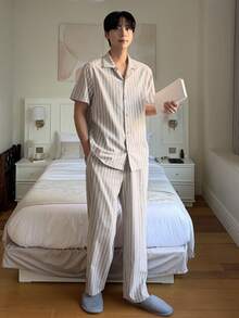 DAZY Apricot Short Sleeve Shirt And Pants Men's Pajama Set, Spring/Summer - Apricot - View 6