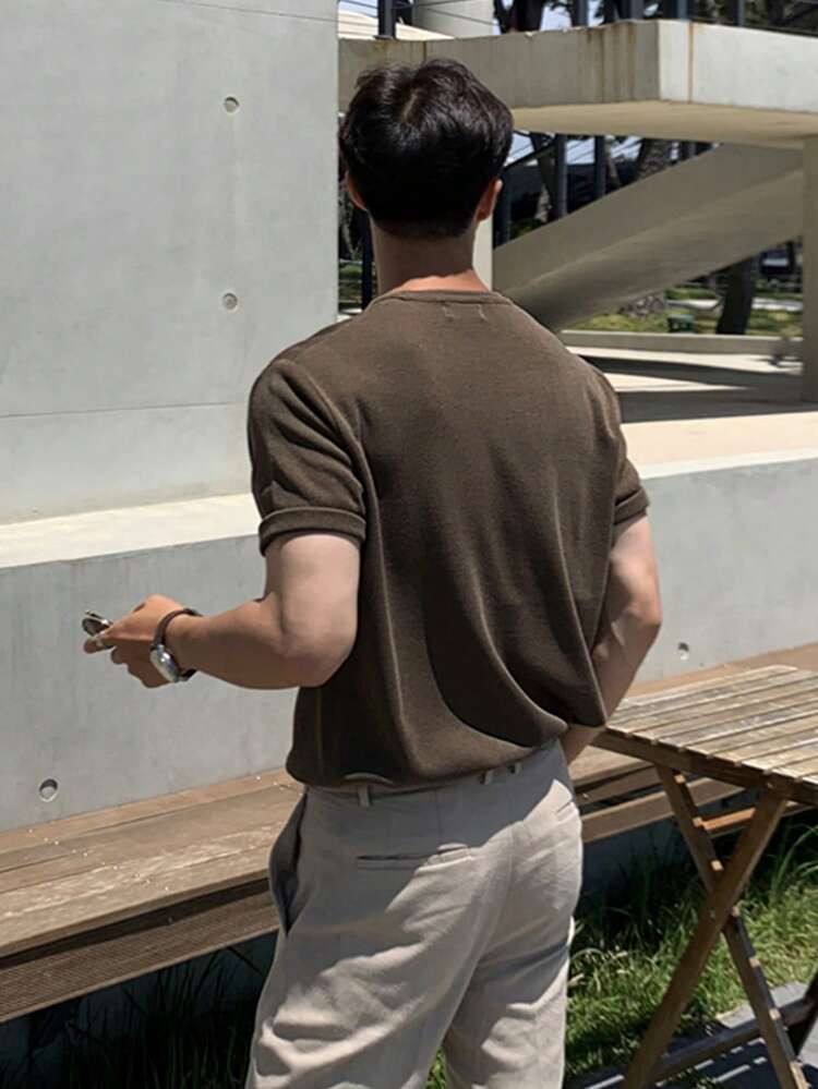 Men's Solid Brown Crew Neck Knit Sweater, Summer