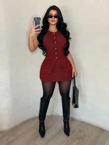 SHEIN SXY بدلة نسائية كاجوال للعمل مكونة من سترة وتنورة بطبعة هندسية، مناسبة للمكتب باللونين الأحمر والأسود، فستان أزرار بطراز فرنسي، فستان تويد للنساء، فساتين عمل للنساء، بلوزات عمل أنيقة للنساء، طقم أنيق للنساء للعمل - الأحمر - مشاهدة 3