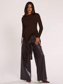 SHEIN BAE Women's Autumn Fashionable Solid Color Versatile Asymmetric Ruffle Hem Top - Coffee Brown - View 5
