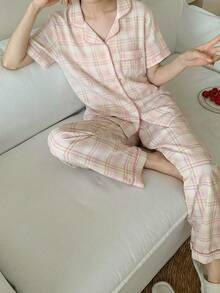 2件套女童休闲格子开衫短袖上衣和裤子睡衣套装 - 淺粉色 - 查看 3