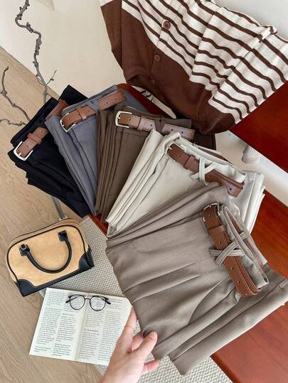 SHEIN Franclia Vintage High-Waisted Wide-Leg Pants, Double Pleated Cinched Waist Single-Breasted Loose 7/8 Pants, Commute & Casual Versatile Slimming Chic Pants, Crisp Fabric Conceals Flaws Elongates Legs, Relaxed Wide-Leg Pants With Sophisticated Single-Button Design Women Wide Leg Pants Wide Leg Summer Pants Belt Pants Long Pants Skirt Pants