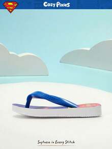 SUPERMAN X Cozy Pixies 1 Pair Summer Print Non-Slip Breathable Round Toe Flip Flops Toddler/Kids Beach Sandals - Blue - View 7