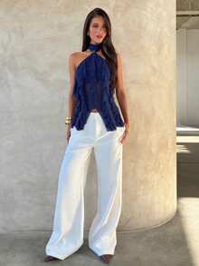 Aloruh Women's Elegant Multi-Layer Ruffle Trim Stand Collar Fitted Tank Top - Navy Blue - View 3