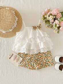 两件套可爱女宝宝夏季度假荷叶边吊带背心和印花短裤套装 - 白色 - 查看 1