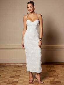 Silquee Women's Solid Color 3D Floral Decor Fitted Elegant Dress - White - View 7