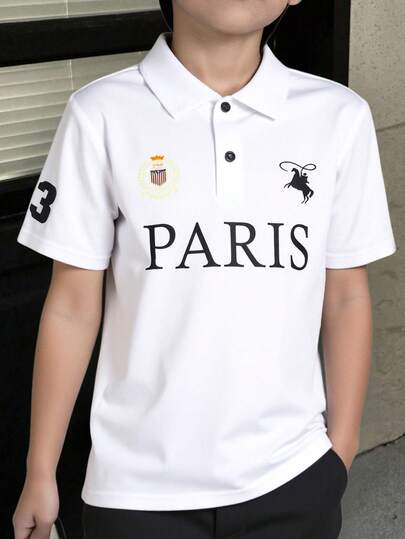 Coolqubz Boys' Casual Comfortable American Style Graphic Letter Print Polo Shirt Polo Shirt For Kids Boys Golf Shirt Boys Preppy Tops