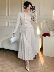 DAZY Elegant Women's Mid-Length Dress With High Collar And Ruffle Hem Waist Decor Wedding Guest Dress - Apricot - View 3