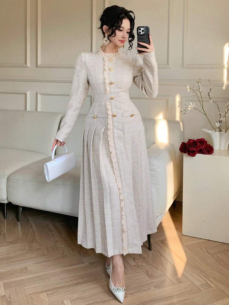 DAZY 优雅女士中长连衣裙，高领设计，荷叶边下摆腰部装饰，适合婚礼宾客穿着。 - 杏色 - 查看 3