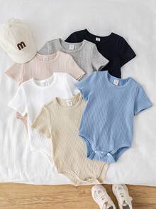 SHEIN 6件套男女宝宝通用新生儿100%纯棉休闲纯色弹力罗纹短袖连体衣套装，易于穿脱，春夏款 - 彩色 - 查看 8