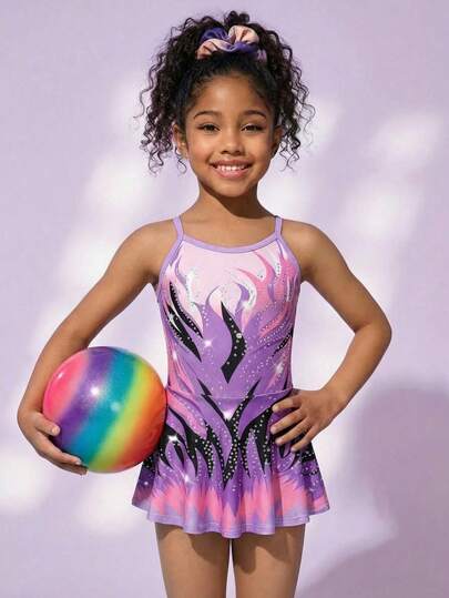 SHEIN 少女彩色渐变印花芭蕾舞裙、运动排球瑜伽连体衣