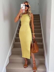 Silhoulove Women's Round Neck Ruched Side Slit Hem Sleeveless Fitted Yellow Backless Dress - Yellow - View 1