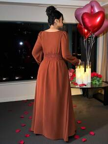 SHEIN Elenzya Bộ đồ nữ cổ vuông tay dài 2 món, áo cổ vuông + chân váy dài, trang phục thường ngày & thanh lịch, phù hợp cho mùa xuân/hè - màu nâu - Xem 2