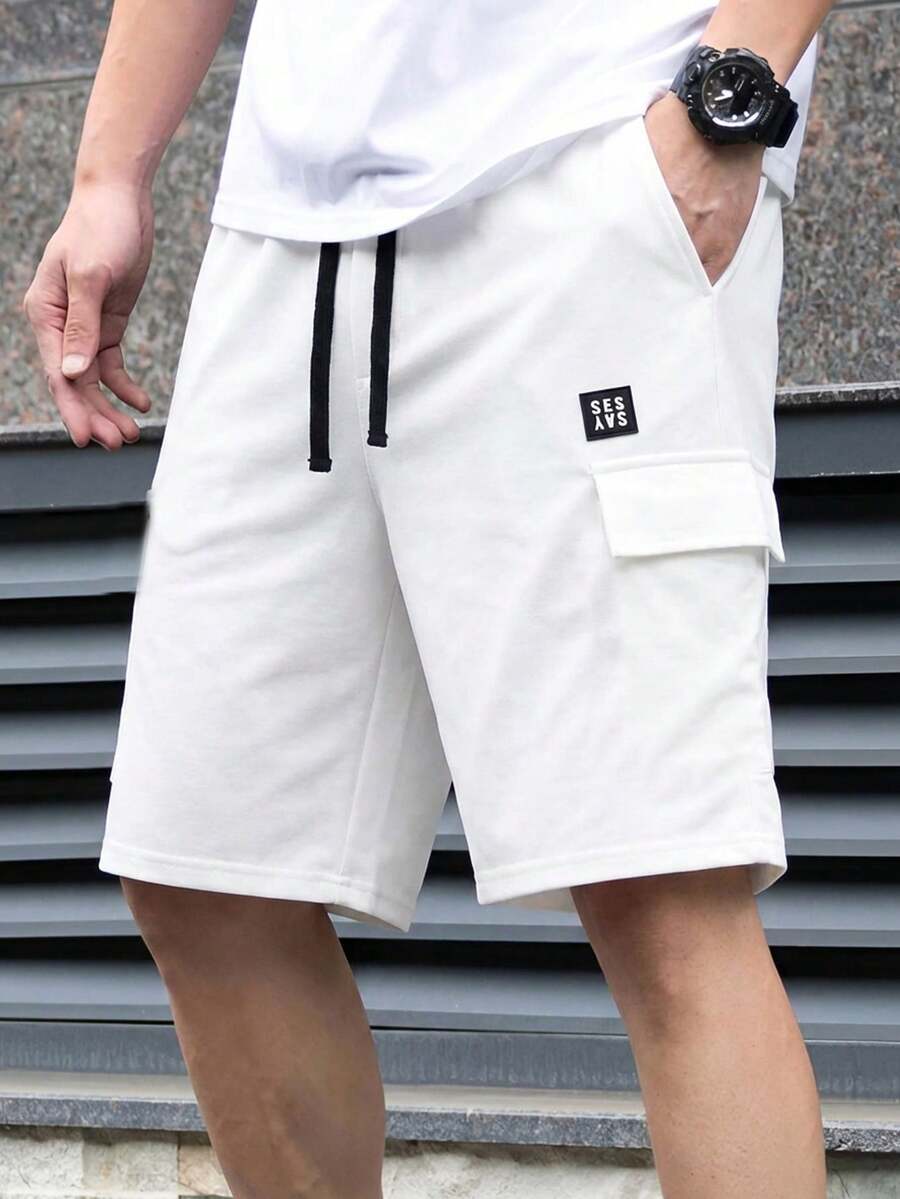 SHEIN Tween Boys' Casual Summer White Cargo Shorts,Comfortable Tight Patch Pocket Contrast Trim Loose Straight Leg Pants For School,Garden,Beach,Birthday - Black - View 1