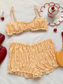 Comfortcana Bộ đồ nữ mùa hè, kiểu dáng thường ngày, họa tiết kẻ caro: áo hai dây và quần short. - Màu vàng - Xem 6