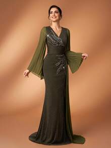 Serin Elegant Luxurious Green V-Neck Elastic Metallic Knit Mesh Sleeve Mermaid Skirt With Side Chiffon Ruffle, Suitable For Weddings, Parties, Vacations, Galas, Holidays, Mother Of The Bride Evening Gowns - Army Green - View 7
