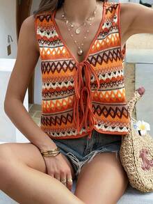 Pariaura 女士休闲性感波西米亚风彩色V领系带无袖背心，夏季上衣，适合海滩度假、春假、音乐节等场合，日常休闲百搭，女士休闲上衣，优雅女士上衣，嬉皮风上衣，波西米亚风夏季上衣，女士波西米亚风上衣，波西米亚风上衣，女士夏季上衣，女士休闲上衣，波西米亚风背心，女士波西米亚风钩针背心 - 彩色 - 查看 10