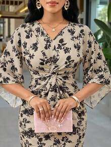 SHEIN Lady Women's Elegant Party Floral Print Twist Dress - Multicolor - View 4