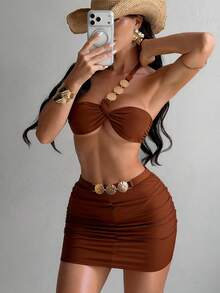 Swim SXY Bộ 3 món màu trơn phối kim loại, áo quây bất đối xứng, quần cạp cao và chân váy xếp ly, đồ bơi gợi cảm cho nữ, thích hợp cho mùa xuân/hè. - Cà phê nâu - Xem 1
