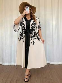 SHEIN CURVE+ Curve 尺码 US22 音乐节、海滨度假、波西米亚风女士撞色印花长连衣裙，印花腰带连衣裙 - 彩色 - 查看 8