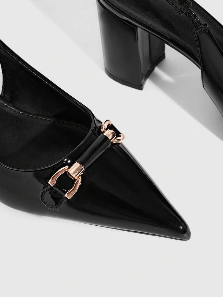 CUCCOO SZL Women's Pointed Toe Thick Heel High Heels, Metal Buckle Design, Solid Color, Sexy Elegant Stylish Pumps, Suitable For Commuting, Dating, Afternoon Tea, Party, Evening, Daily Wear