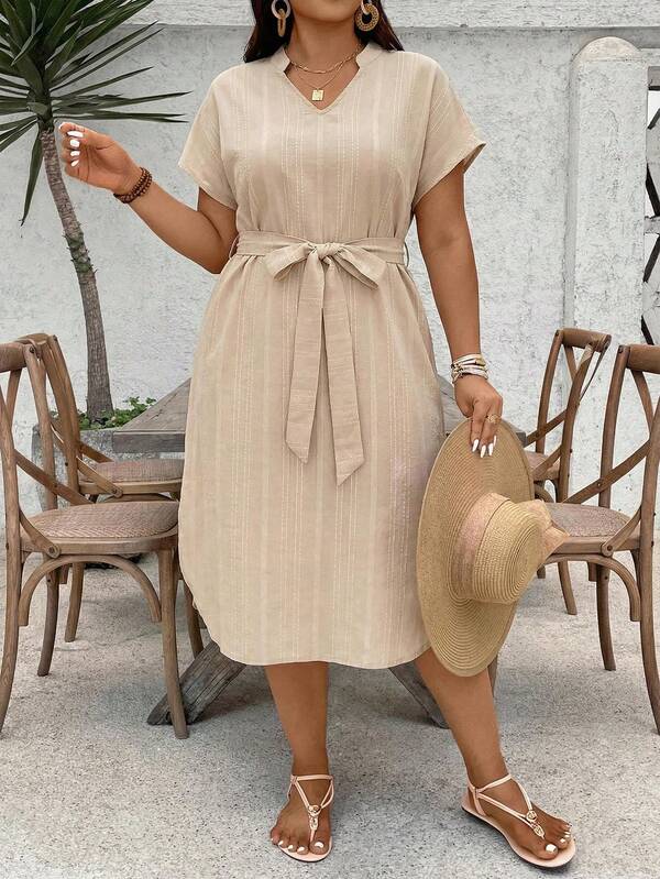 SHEIN VCAY Plus Size Women's Solid Color V-Neck Batwing Short Sleeve Casual Dress Lounge Dress