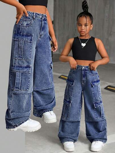 SHEIN Tween Girls' Y2K Trending Vintage Washed Multi-Pocket Distressed Cargo Jeans Baggy Wide Leg Pants,Tween Girl Fall Clothes Back To School Streetwear Outfits