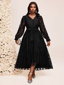 Fleurora Vestido de encaje de unicolor elegante talla grande, adecuado para fiestas - Negro - Ver 5