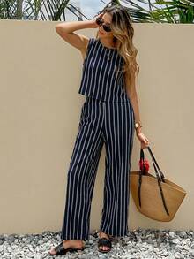 SHEIN Frenchy Women's Casual Striped Tank Top And Straight Leg Pants 2 Pieces Set, Summer - Navy Blue - View 4