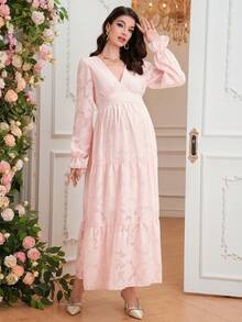 SHEIN Elegant Maternity V-Neck Long Sleeve Ruched Waist Dress - Pink - View 9