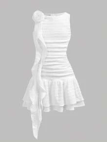 SHEIN Girlism 少女白色纯色针织纹理休闲优雅法式荷叶边3D立体花朵装饰褶皱不对称圆领无袖修身短连衣裙，公主裙，新年派对，春季郊游，日常穿着，女童白色连衣裙，母女套装，婚礼季，花童，聚会 - 白色 - 查看 6