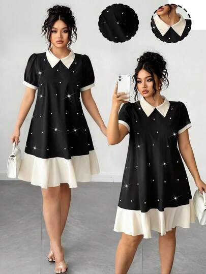 Elenzga Vintage French Style Puff Sleeve Pearl Contrast Color Casual Dress, Suitable For  Day