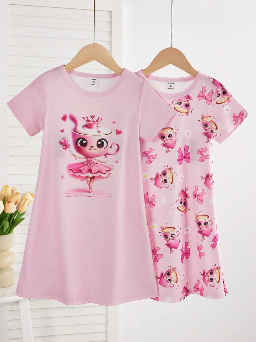 Genkimix Kids 2件套女童可爱卡通绵羊印花睡衣套装，简约时尚粉色和灰色，睡衣