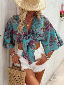Breezaya 女士波西米亚风印花长袖系带上衣 - 綠色 - 查看 4