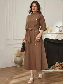 Dazy-Less Damen einfarbiges Stehkragen Kleid mit Drop-Shoulder, einreihig geknöpft, lässiges Maxikleid, Business Casual Damenkleid - Braun - Übersicht 3