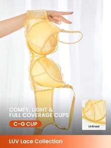 LUVLETTE Plus  Woman Lingerie Full Coverage Support&Breathable Underwire Sexy Unlined Sheer Minimizer Yellow Lace Bra - Yellow - View 1
