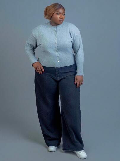 CurvyTilda MUSERA 加大码中腰宽松版型黑色水洗银色纽扣细节牛仔裤中腰休闲秋冬夜间外出返校办公室工作约会夜核心牛仔裤