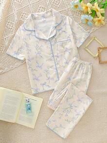 SHEIN 2件套女童碎花蝴蝶结装饰Polo领开衫和裤子休闲舒适宽松家居服套装 - 彩色 - 查看 7