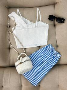 GlowEve Petite 女士撞色单肩上衣和蓝白短裤两件套，休闲度假装，春夏款 - 彩色 - 查看 2