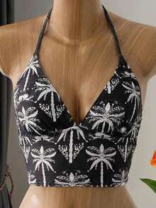 Bellisia Women's Tropical Floral Print Halter Tankini Swimsuit Set,Tank Top And Drawstring Bikini Bottoms,Beach Outfit, Vacation Bikini Set, Swimsuits For Woman 2 Piece - Black and White - View 5