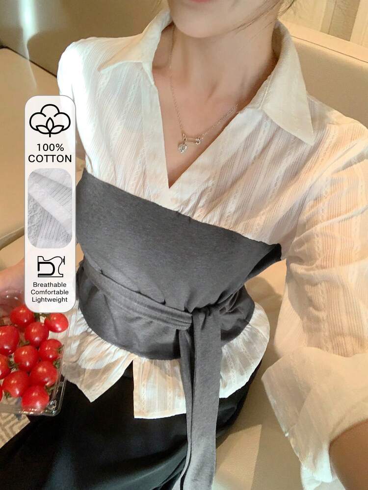 Women's 2 In 1 Tie Collar Long Sleeve Elegant Formal Blouse, Spring/Autumn